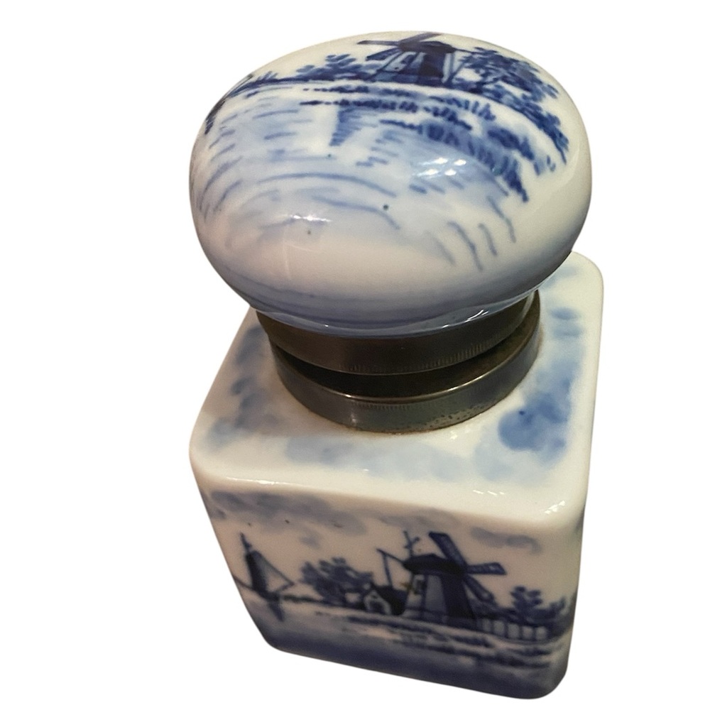 Delft Blue Windmill Decor Inkwell Vintage Blue White